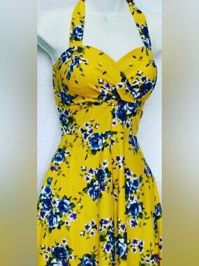 Mustard Blossoms halter tie swing dress Retro Rockabilly small